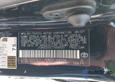2007 Toyota Prius z USA, uszkodzony, nr VIN JTDKB20U077668920